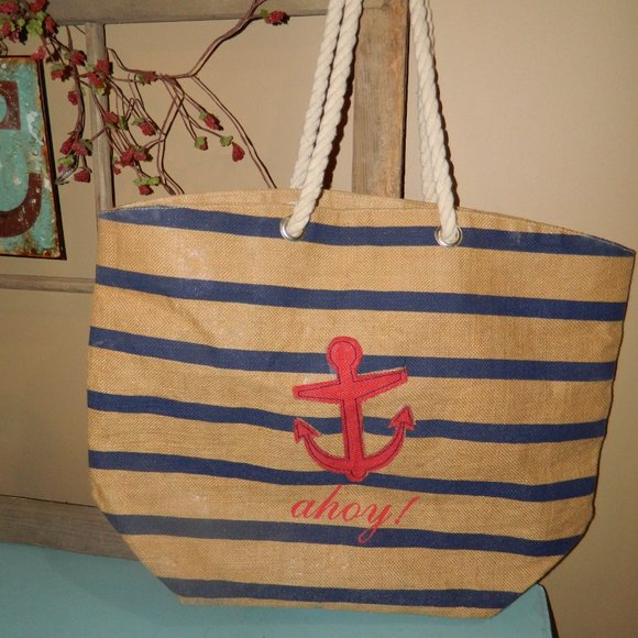 Burlap Ahoy!! Anchor Nautical Beach Cruise Tote - Picture 4 of 6